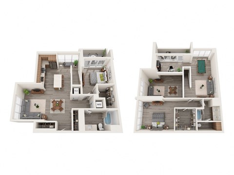 Two floor plans of a house with a living room, kitchen, and bedrooms.